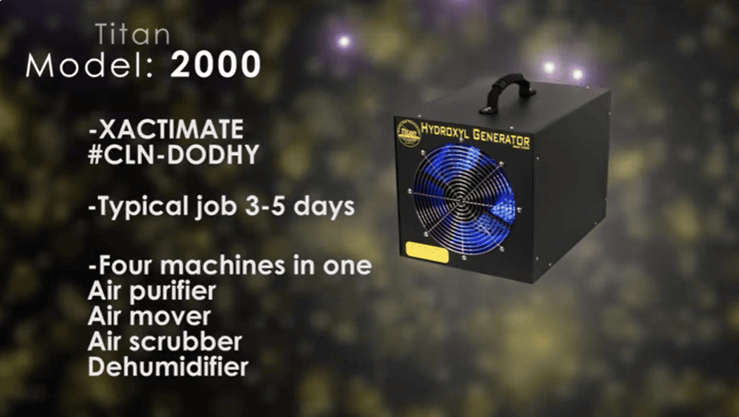 Hydroxyl generator with text detailing features and specifications on a blurred background