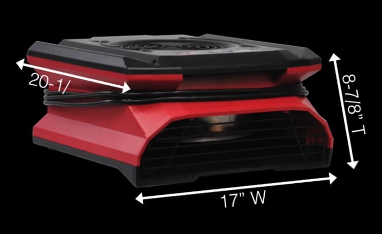 Red and black Phoenix AirMax Radial Air Mover with measurements on a black background