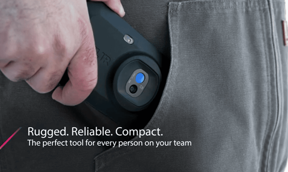 Person holding a rugged Flir c5 device in their pocket with text 'Rugged. Reliable. Compact.'