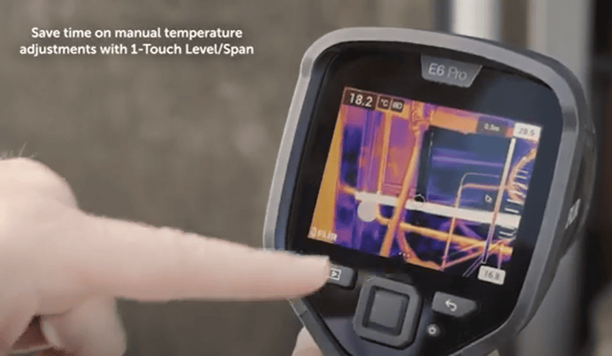 Flir e6 Thermographic camera being used to check temperature with text about time-saving features.