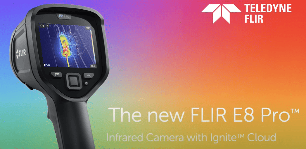 FLIR E8 Pro infrared camera with Teledyne Flir logo on a colorful gradient background
