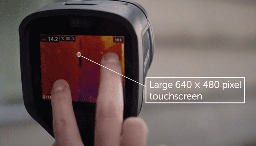 E8 Pro thermographic camera with a touchscreen being interacted with, labeled 'Large 640 x 480 pixel touchscreen'.