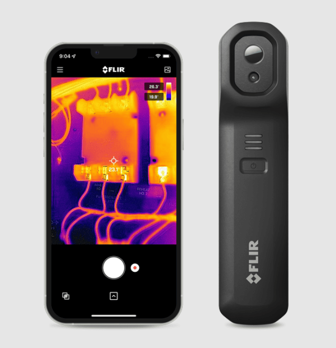 FLIR ONE Edge Pro thermal imaging device on a smartphone with a gray background