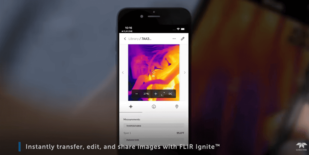 FLIR ONE Edge Pro thermal camera Phone displaying FLIR Ignite app interface with thermal imaging app open on a blurred background