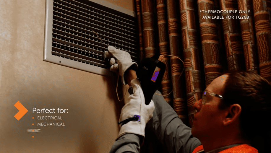 Person using a FLIR TG268 on an air vent with text about thermocouple availability and product features.