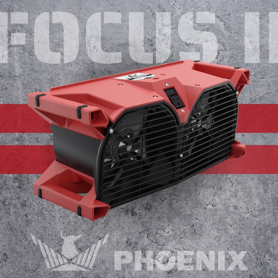 Phoenix Focus II Dual Axial Air Mover on gray background with 'Phoenix' branding.