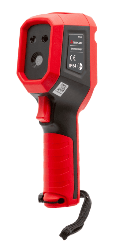 Red and black IRTC400 infrared camera on a white background