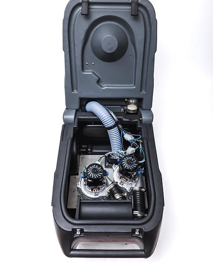 Open Kleenrite Mega 3 flood extractor revealing mechanical components on a white background