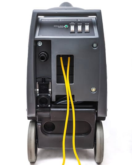 Back view of Kleenrite Mega 3 flood extractor with wheels and a yellow cable on a white background
