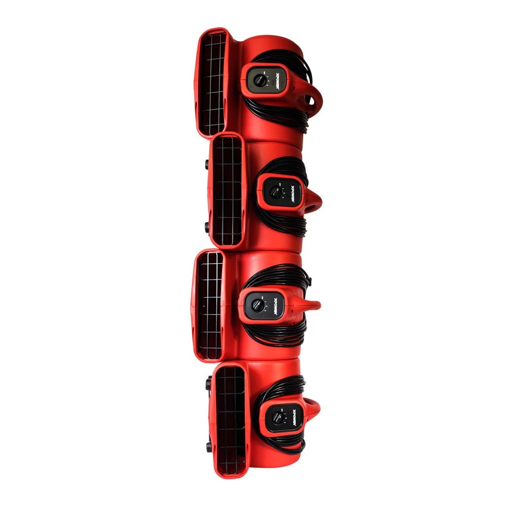 Red XPOWER P-430 1/3 HP Air Mover with wires on a white background