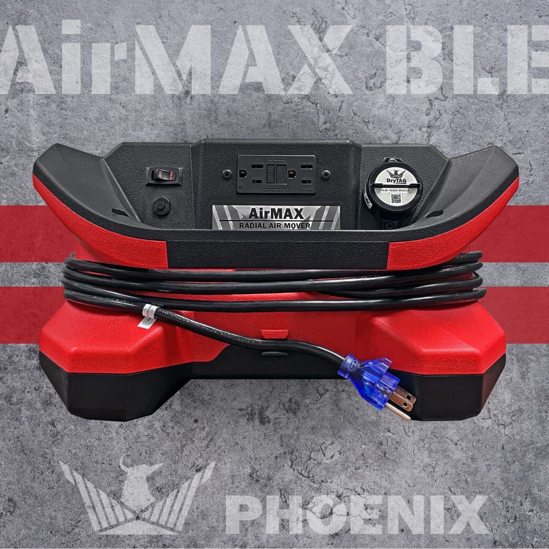 Red and black BLE AirMax Phoenix Radial Air Mover with 'AirMAX' branding on a gray background