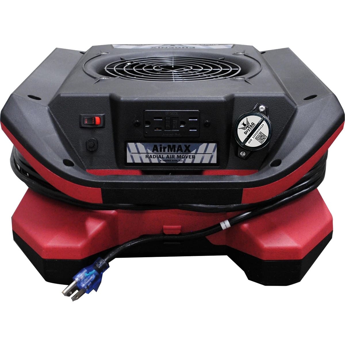 Red and black BLE AirMax Phoenix Radial Air Mover with visible branding on a white background