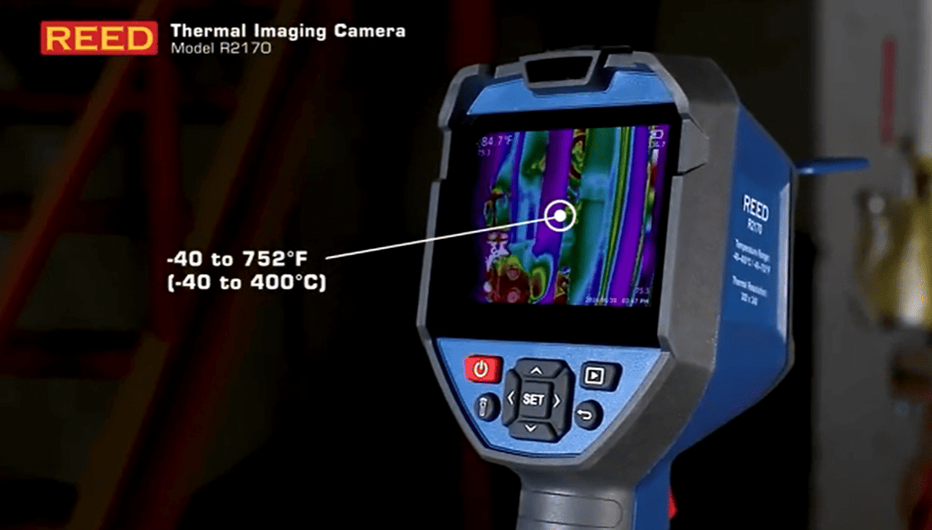 REED R2170 REED thermal imaging camera with temperature range display on a dark background