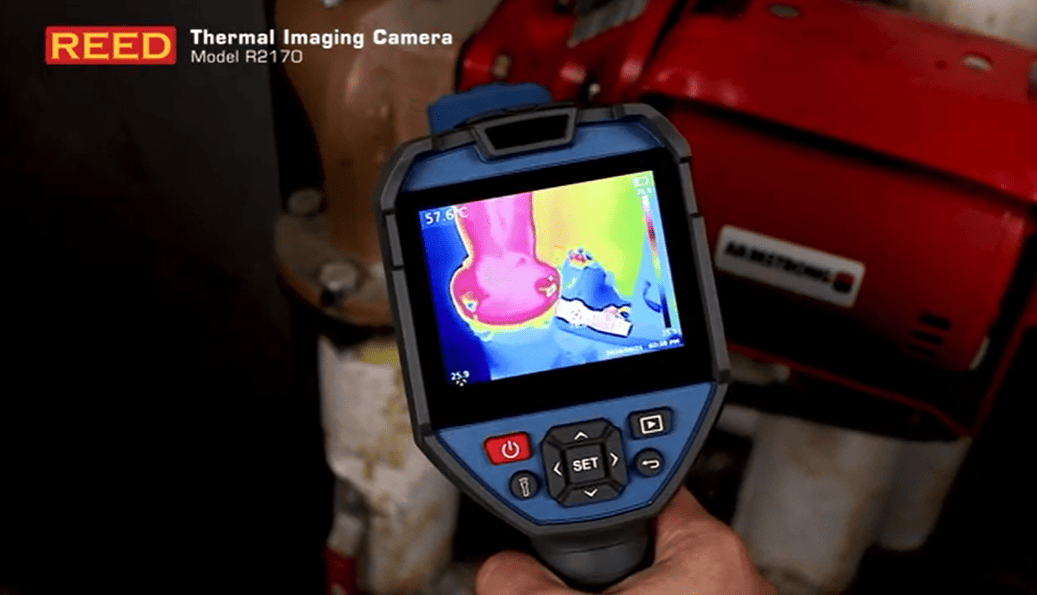 REED R2170 Thermal imaging camera displaying a colorful thermal image with REED branding.