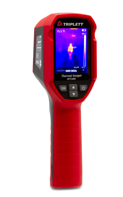 Red thermal IRTC400 imaging device with a digital display on a white background
