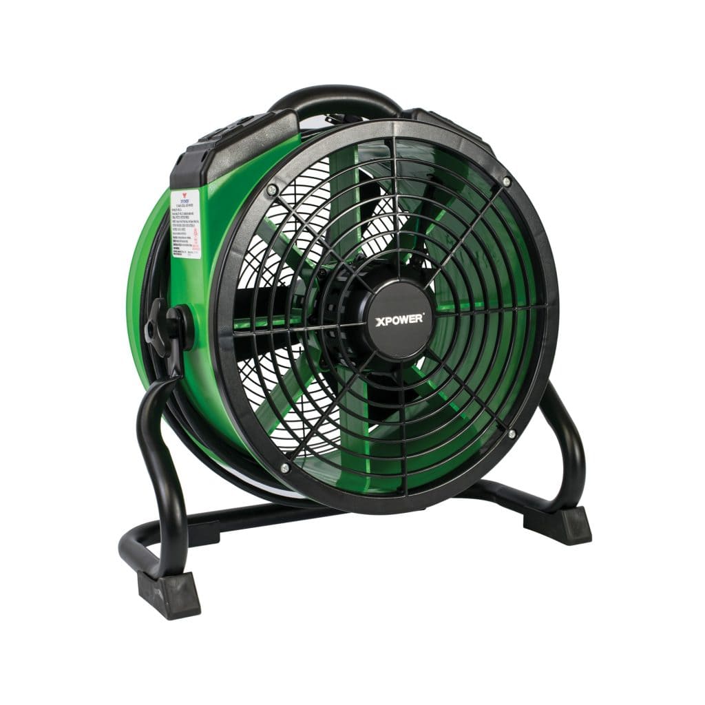 Green and black industrial fan with XPOWER branding on a white background