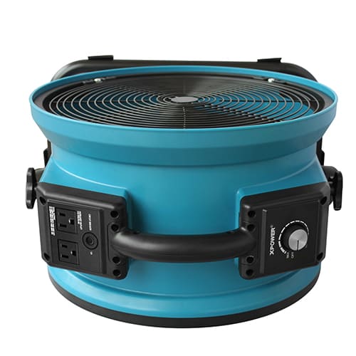 Blue portable x-34ar fan with black handle and control panel on a white background