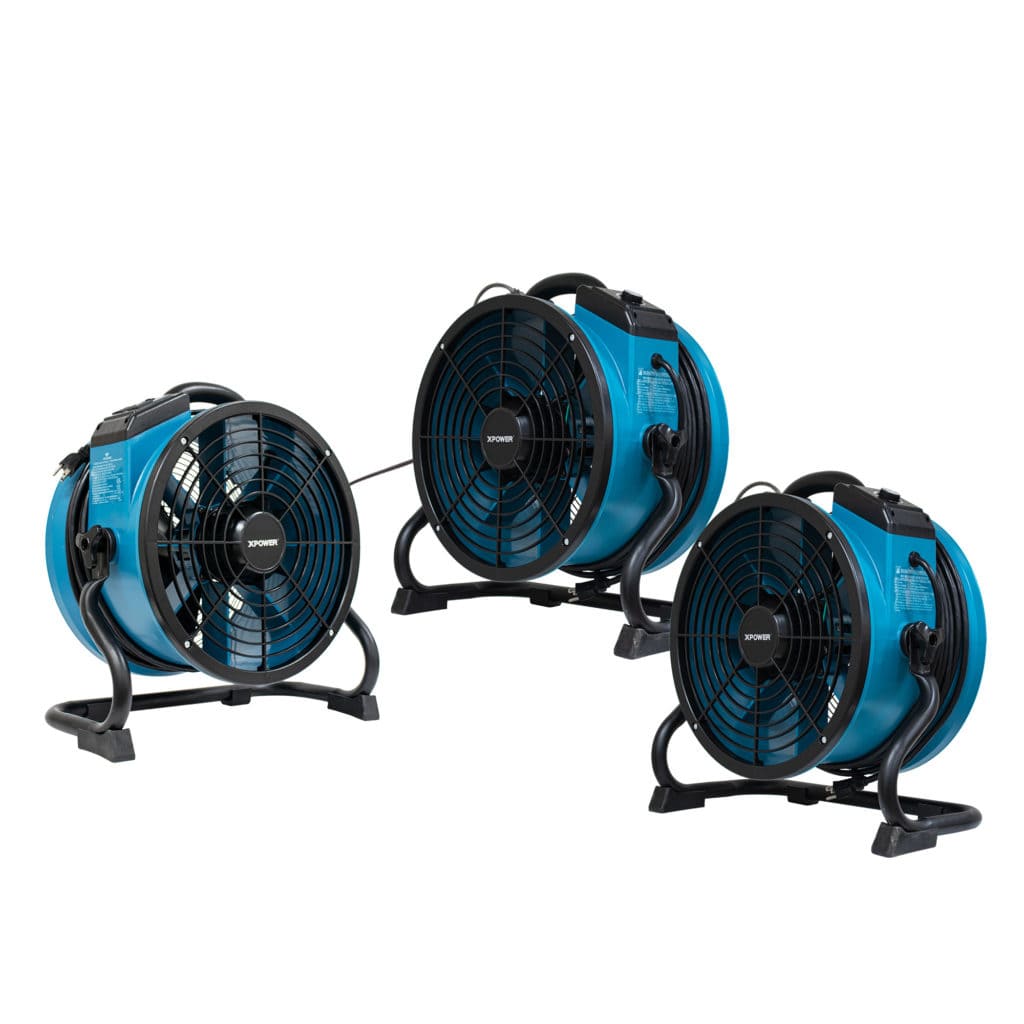 Three x-34ar blue industrial fans on black stands against a white background