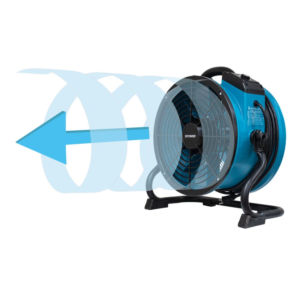 Blue X-34AR industrial fan with black accents on a white background
