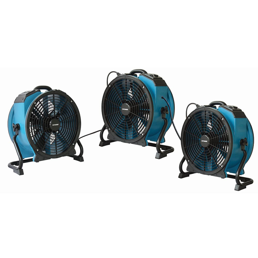 Three blue 47ATR industrial fans on a white background