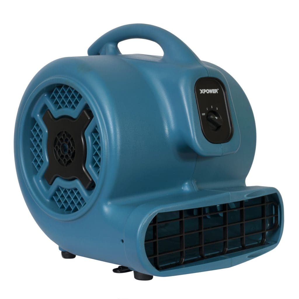 A blue XPOWER X-830 1 HP air mover with ABS plastic housing, featuring a front grille, control panel