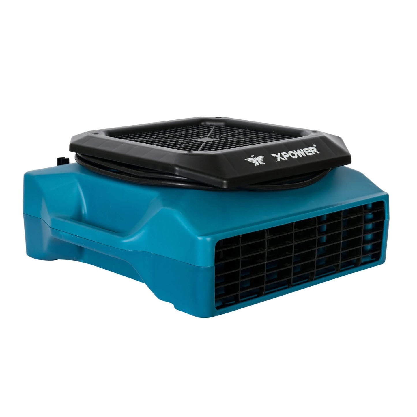 A blue and black XPOWER PL700A Professional Low Profile Air Mover, designed for floor drying and air circulation.