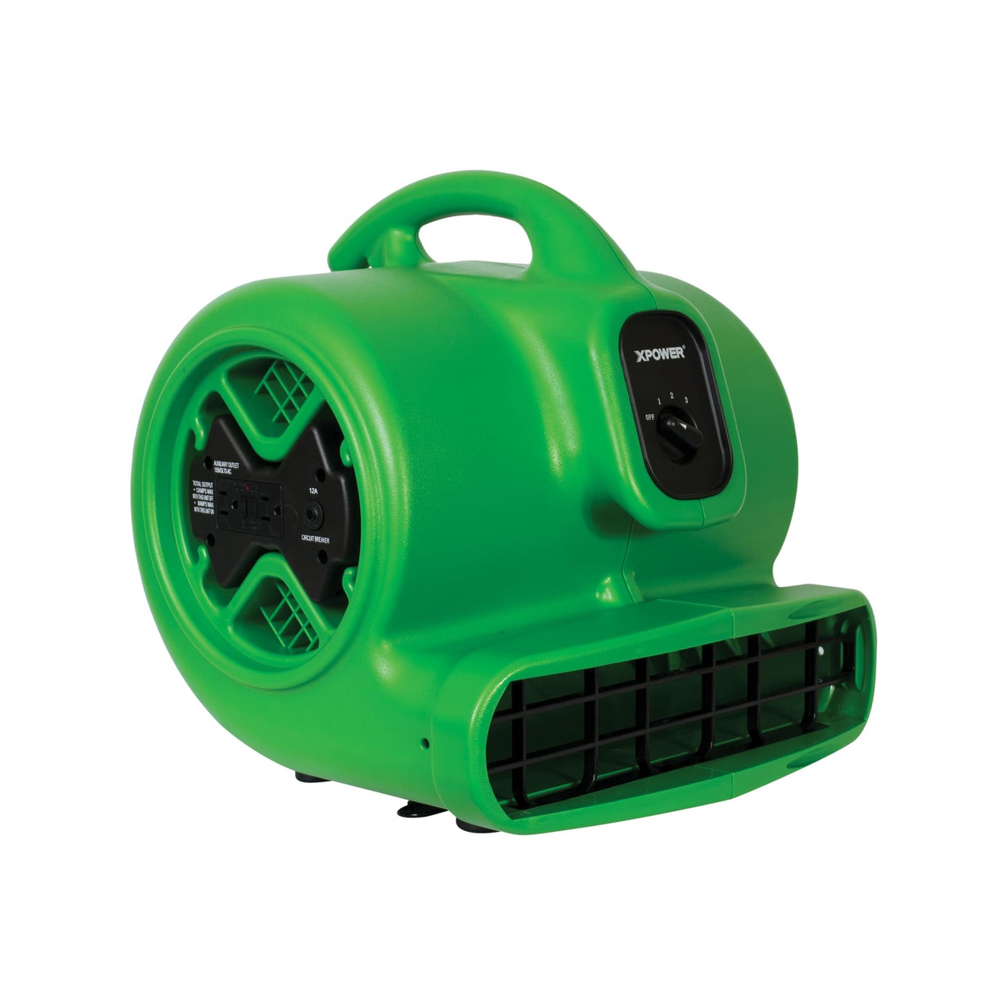 A green XPOWER X-600A 1/3 HP Air Mover with a black fan and control panel, set against a white background with color options shown in small circles at the bottom.