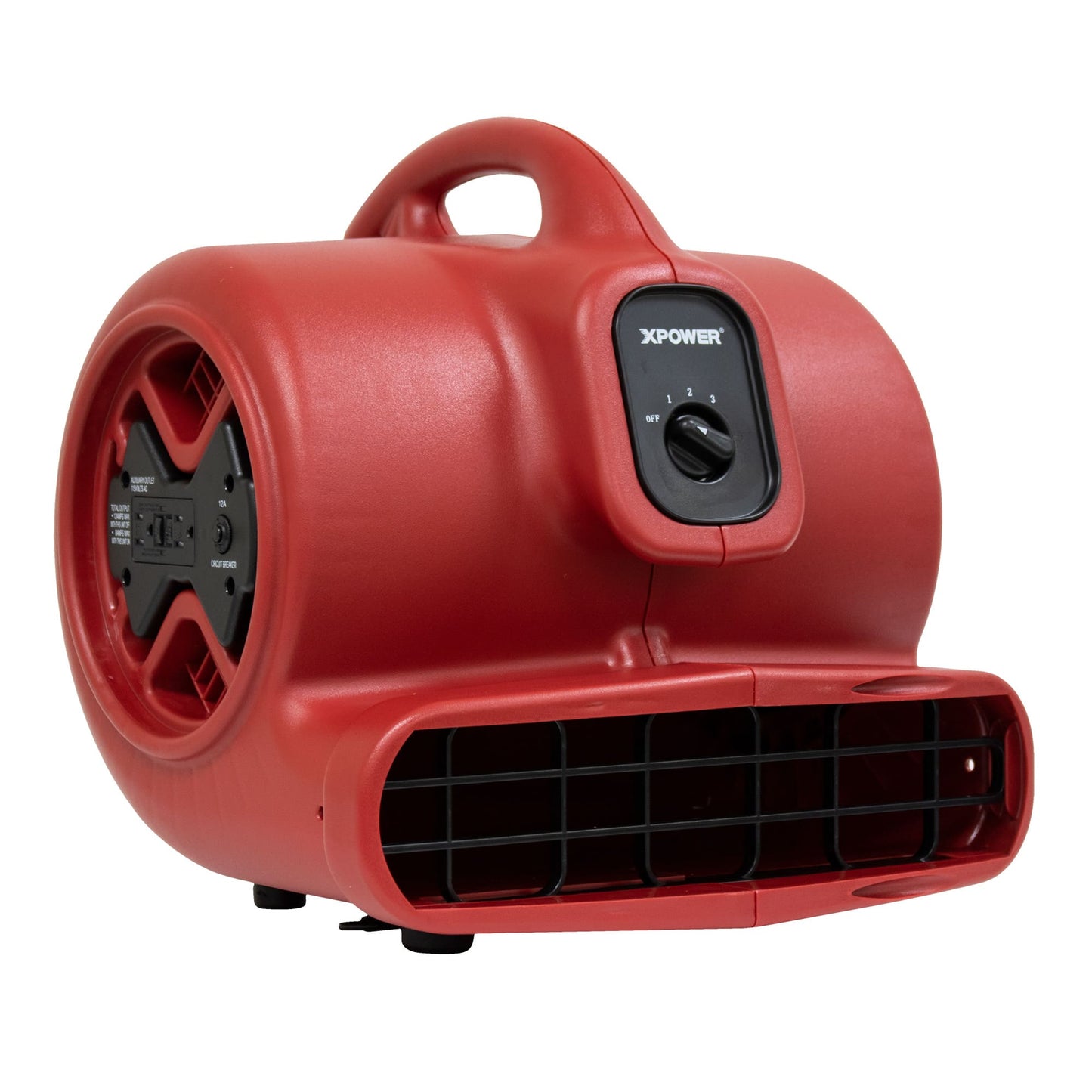 A red XPOWER X-600A 1/3 HP Air Mover with a black fan and control panel, set against a white background with color options shown in small circles at the bottom.