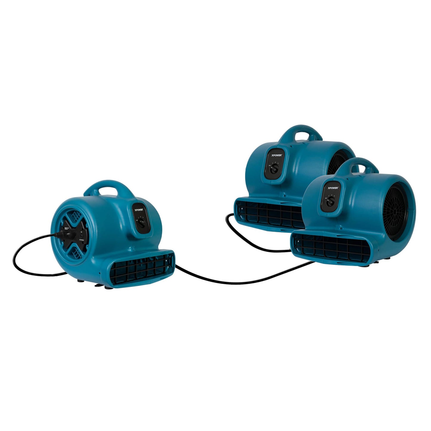 Three blue air movers with black fans on a white background XPOWER_X-600A