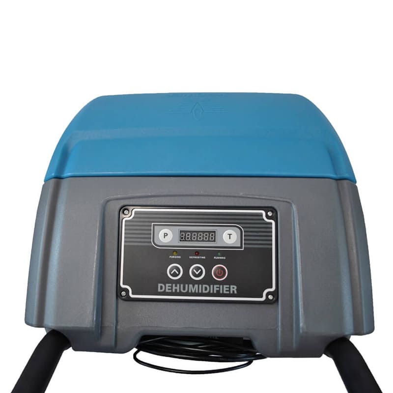 Blue and gray XpowerXD125 dehumidifier with control panel on a white background