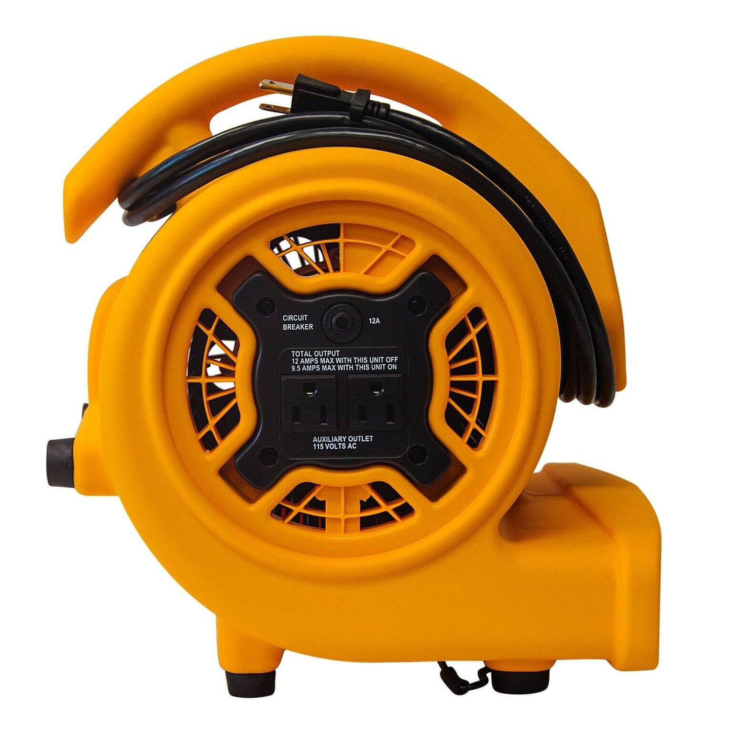 Yellow Xpower P130A air mover with black wire side view on a white background