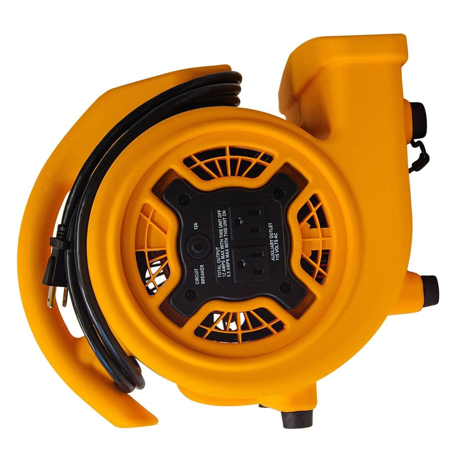 Yellow Xpower P 130a air mover with black wire on a white background
