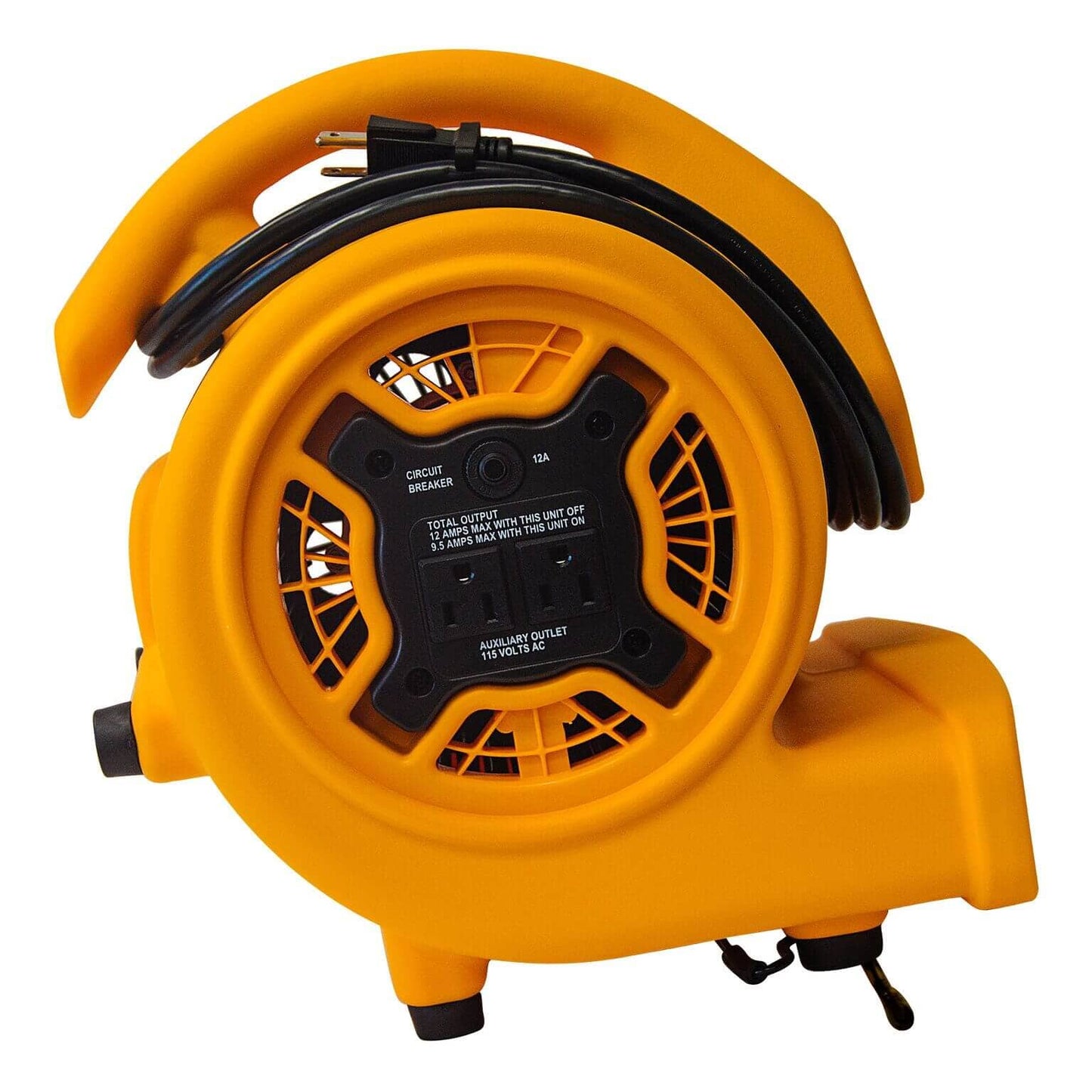 Yellow p130A fan with black cord on a white background
