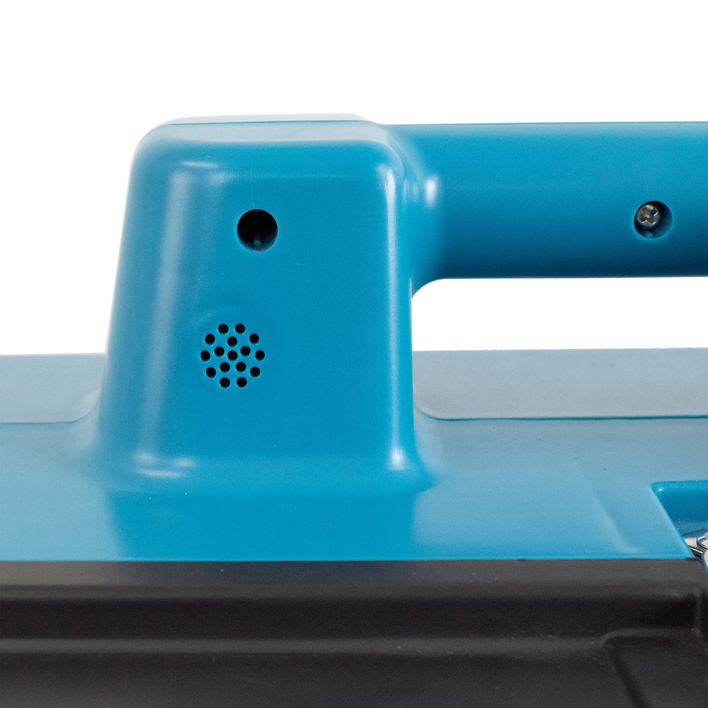 Close-up of a blue handle of XPOWER X-2700 Professional 3-Stage HEPA Air Scrubber