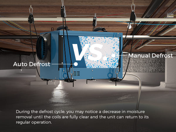 alorair commercial dehumidifier 113 pint unit with 'Auto Defrost' and 'Manual Defrost' labels in a warehouse setting.
