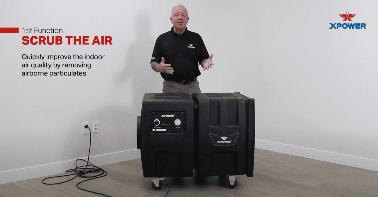 xpower ap-2000 hepa filtration system indoors, demonstration, plugged in, operating