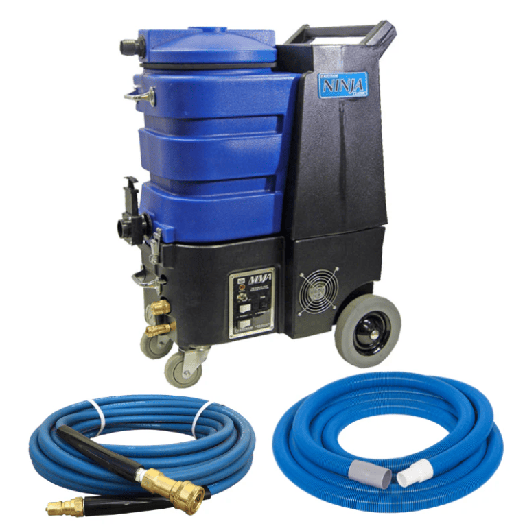 esteam ninja 500 psi blue and black cleaning machine with hoses on a white background