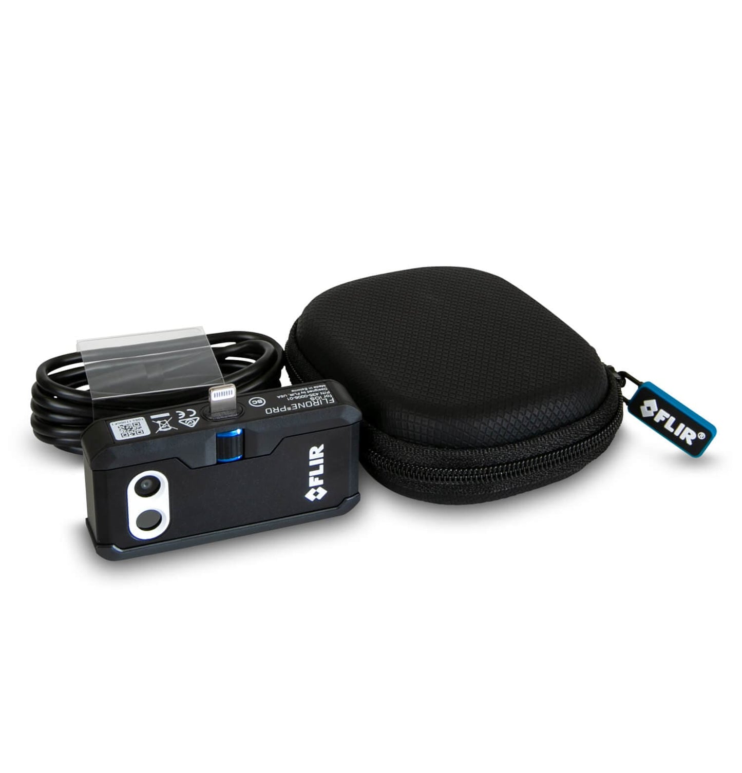 flir one pro thermal imaging camera with case on a white background