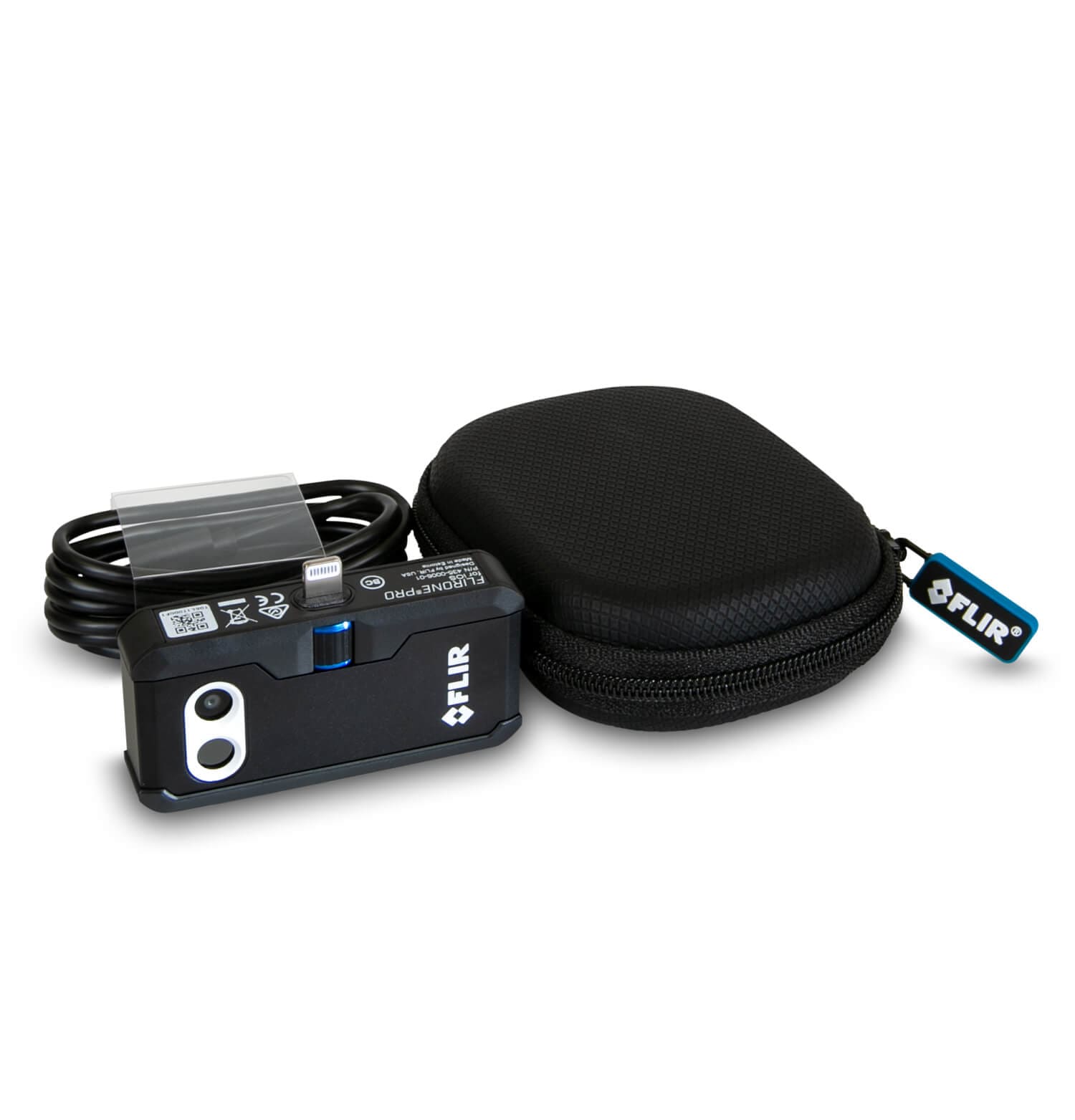 flir one pro thermal imaging camera with case on a white background