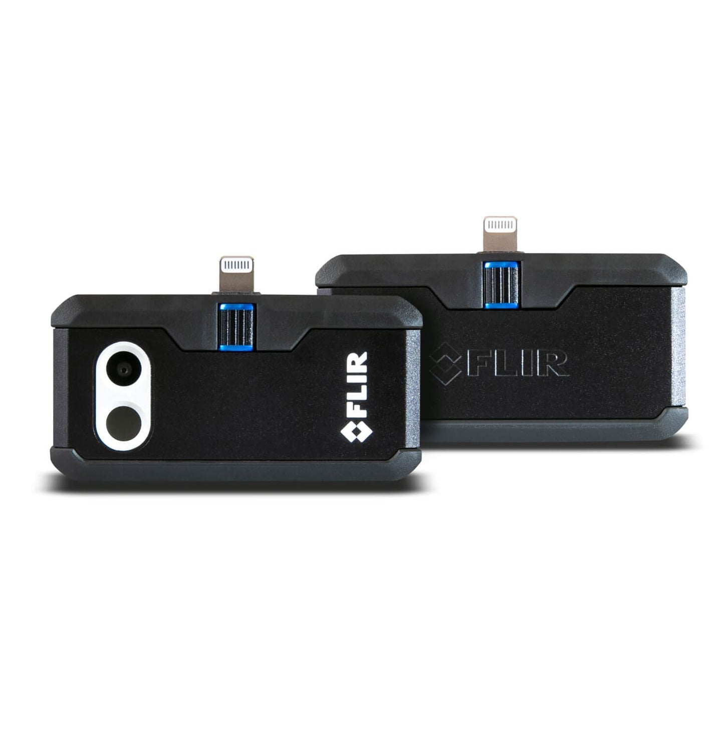 Two flir 1 pro ios thermal imaging devices on a white background