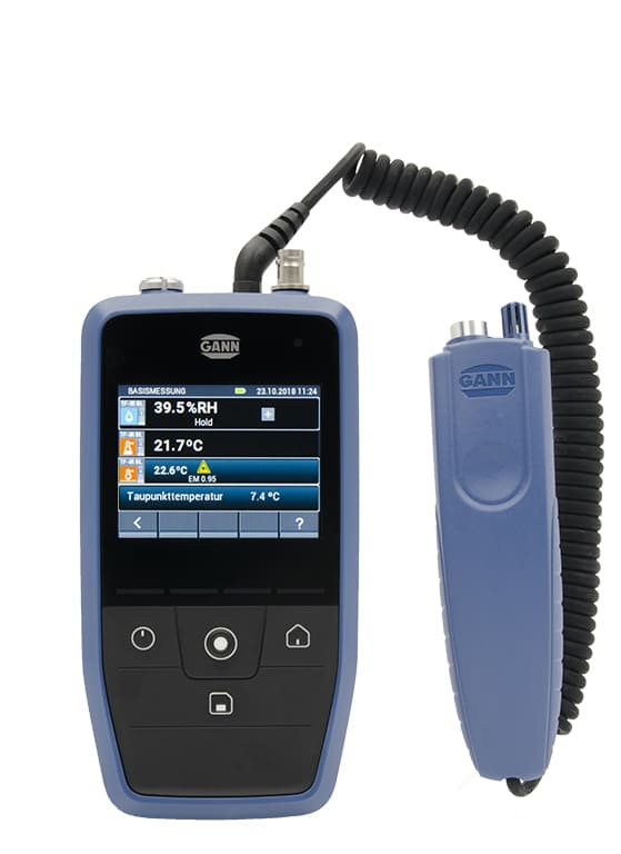 gann hydromette ch 17 Gann handheld device with screen and coiled cable on a white background
