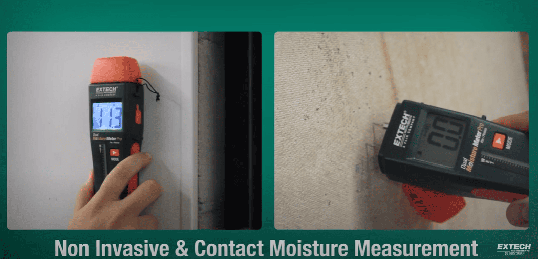 Extech mo260 moisture meter being used on a wall and concrete surface with text 'Non Invasive & Contact Moisture Measurement'.