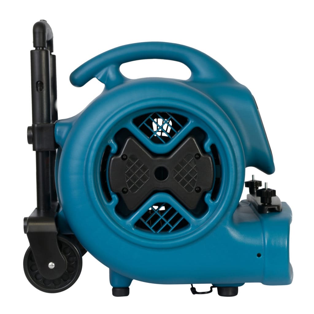 Blue xpower p-630hc industrial fan with black accents on a white background side