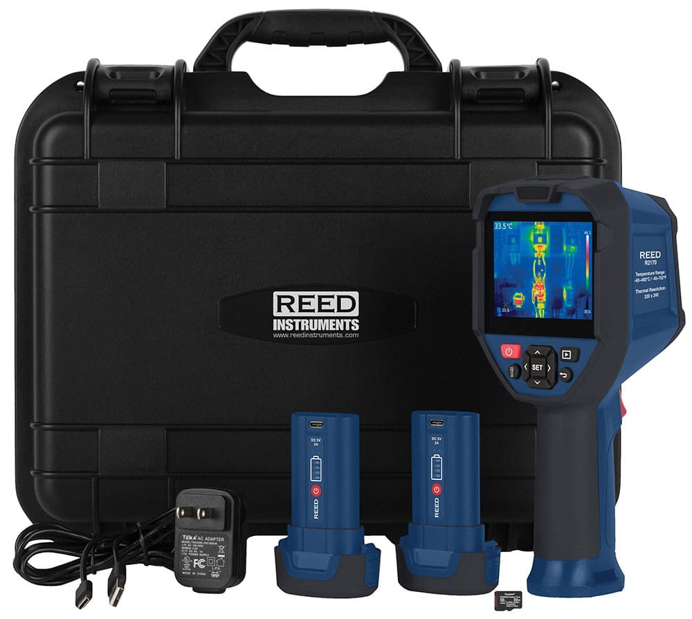 REED R2170 Thermographic camera set with carrying case, batteries, and charger on a white background