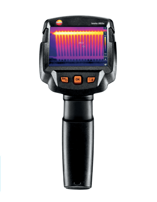 testo 865s Thermal imaging camera with a display showing thermal images on a white background