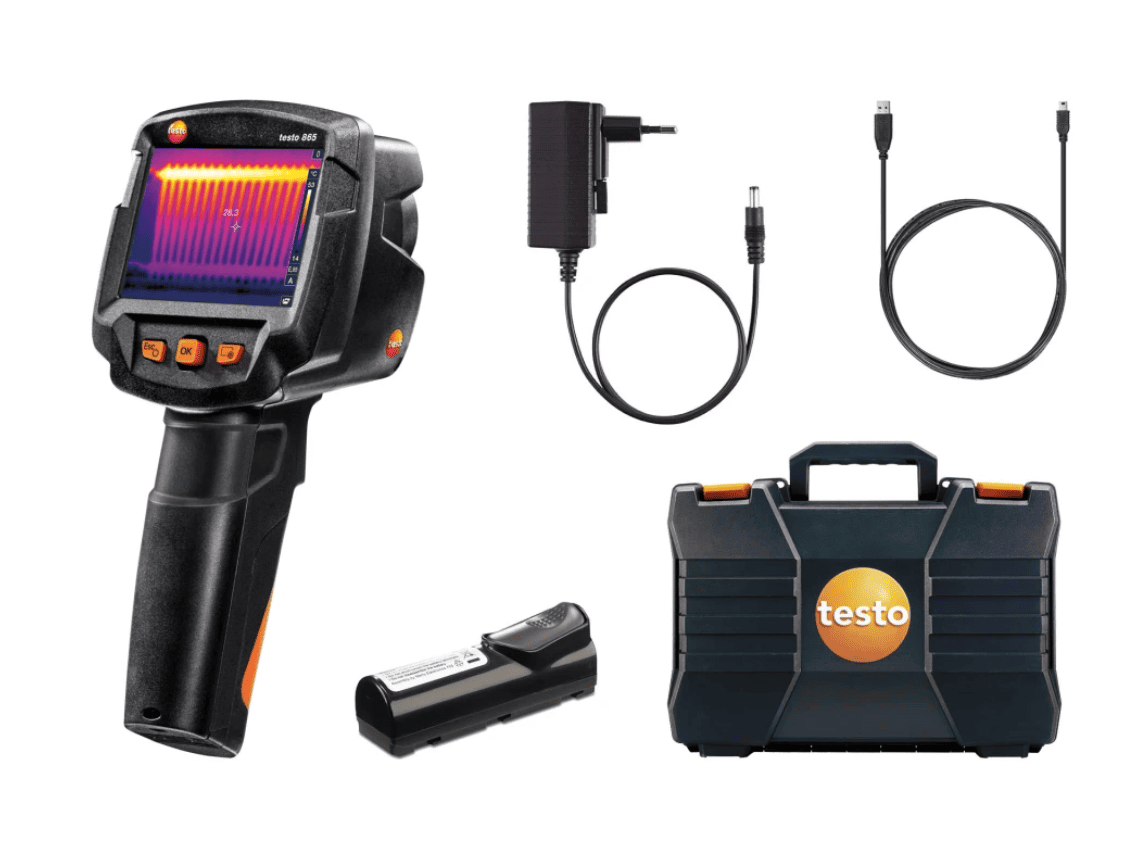 testo 865s Thermal imaging camera set with battery, charger, and carrying case on a white background