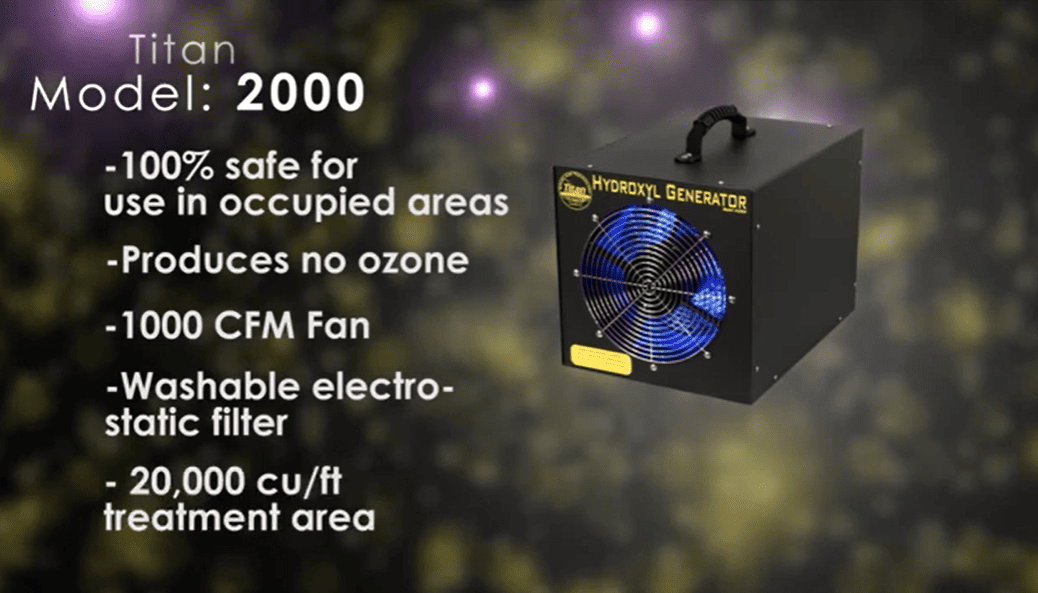 2000 Titan Hydroxyl generator with features listed on a dark background