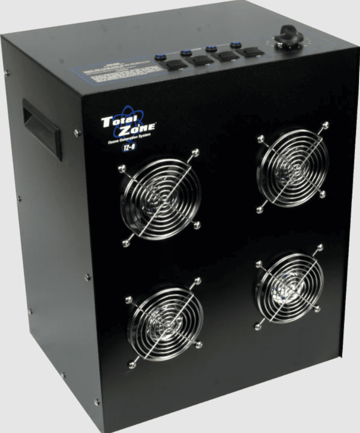 Blacktz 8 ozone generator with fans and 'Total Zone' branding on a gray background