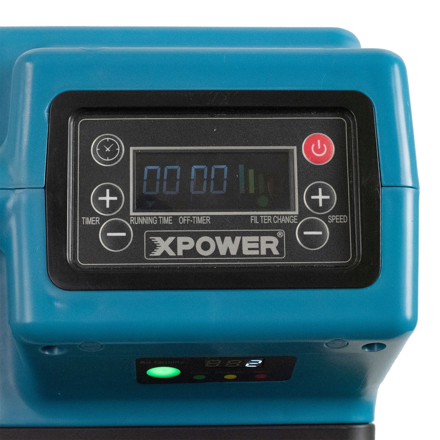 Control panel of a XPower 2700 with digital display and buttons on a blue background
