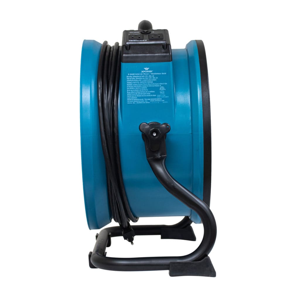 Blue x-34ar-left-side industrial fan with black stand on a white background